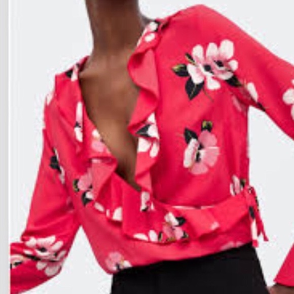 NWT Zara Red Floral Faux Wrap Ruffle Bodysuit Blouse - S - Picture 2 of 10